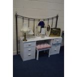 A WHITE DRESSING TABLE, stool, and similar three drawer beside chest, together with a metal 5'