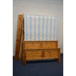 A PINE 4' 6'' BED FRAME, with side rails and slats along with a mattress