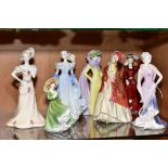 SEVEN VARIOUS FIGURINES, comprising five Coalport 'Happy Anniversary', limited edition 'The Ascot