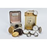 A BOX OF POCKET WATCHES, WRISTWATCH AND A CLOCK, to include five open faced pocket watches, such