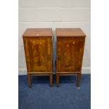 AN OPPOSING PAIR OF EDWARDIAN MAHOGANY SINGLE DOOR CABINETS, with crossbanding to the doors, on