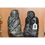 TWO 1970'S 'ESKIMO ART' CARVED SOAPSTONE INUIT FIGURES, one kneeling with knife in hand, label to