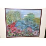 FOUR FRAMED FABRIC COLLAGES, comprising a representation of Monets Water Lillies, approximate size