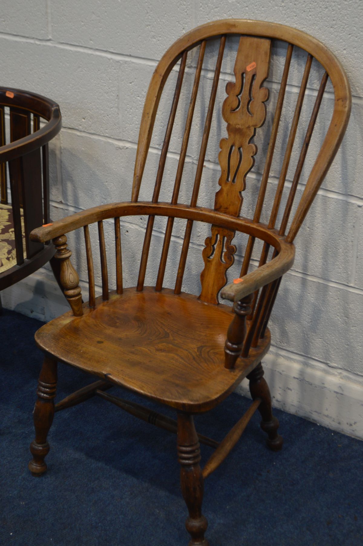 A 19TH CENTURY ELM AND BEECH SPINDLE HOOP BACK ARMCHAIR on a H stretcher together with an - Image 2 of 4