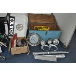 A PLYWOOD CAR BOX AND A BOX CONTAINING VINTAGE CAR PARTS including head and tail lights, brightwork,