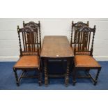 AN EARLY TO MID 20TH CENTURY OAK BARLEY TWIST GATE LEG TABLE (losses) and four chairs (sd) (5)