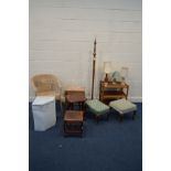 A QUANTITY OF OCCASIONAL FURNITURE, to include a teak three tier stand, walnut standard lamp,