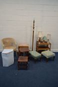 A QUANTITY OF OCCASIONAL FURNITURE, to include a teak three tier stand, walnut standard lamp,