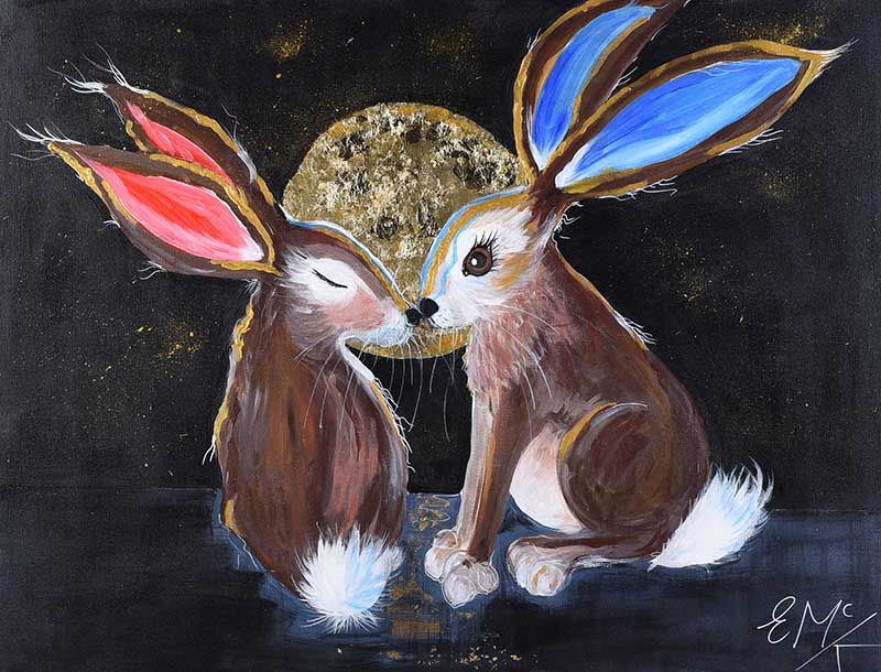 Eileen McKeown - KISSING HARES - Acrylic on Canvas - 28 x 36 inches - Signed in Monogram