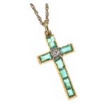 9CT GOLD EMERALD AND DIAMOND CROSS NECKLACE