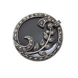 STERLING SILVER ONYX AND MARCASITE BROOCH