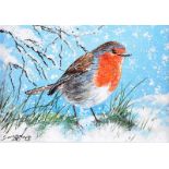 Andy Saunders - WINTER ROBIN - Oil on Board - 5 x 7 inches - Signed