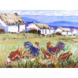 Marie Carroll - CHICKENS BY THE THATCHED COTTAGES - Oil on Canvas - 30 x 40 inches - Signed