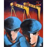 John Stewart - HARLAND & WOLFF WELDERS - Oil on Canvas - 12 x 10 inches - Signed