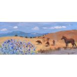 Hilary Bryson - HORSES IN A NEW ZEALAND LANDSCAPE - Watercolour Drawing - 6.5 x 15 inches - Signed