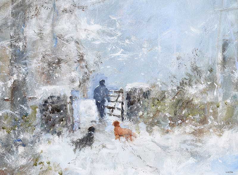 Tom Kerr - WINTER WALK, CANDEBOYE AVENUE, HELEN'S BAY - Acrylic on Board - 12 x 15 inches - Signed