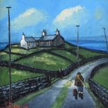 James Downie - WALKING THE DOG - Oil on Canvas - 12 x 12 inches - Signed