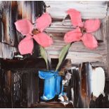 Colin Flack - PINK FLOWERS IN A VASE - Oil on Glass - 5.5 x 5.5 inches - Signed