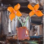 Colin Flack - YELLOW FLOWERS IN A VASE - Oil on Glass - 5.5 x 5.5 inches - Signed