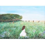 Irish School - GIRL PICKING WILD FLOWERS - Oil on Board - 12 x 16 inches - Signed