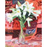 David Nolan - LILLIES ON AN INDIAN BEDSPREAD - Oil on Canvas - 20 x 16 inches - Signed