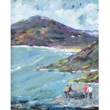 Sean Lorinyenko - CURRACH MEN AT TRA NA ROSSAN, DOWNINGS - Watercolour Drawing - 10 x 8 inches -