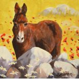 Ronald Keefer - DONKEY BY THE STONE WALL - Oil on Board - 12 x 12 inches - Signed