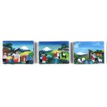 Orlando Quindigalle - FOLK ART, PERU - Triptych Oil on Canvas - 3.5 x 4.5 inches - Signed Verso