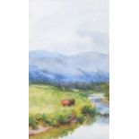 Coralie de Burgh Kinahan - COW BY A RIVER - Watercolour Drawing - 8.5 x 5 inches - Unsigned