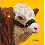 Ronald Keefer - BULL ON YELLOW - Oil on Board - 24 x 24 inches - Signed