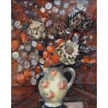 Hilary Bryson - WINTER ARRANGEMENT, PHYSALIS & ARTICHOKES - Oil on Board - 16 x 15 inches - Signed