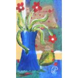 Lynda Cookson - PEAR & RED FLOWERS - Acrylic on Board - 15 x 9 inches - Signed in Monogram