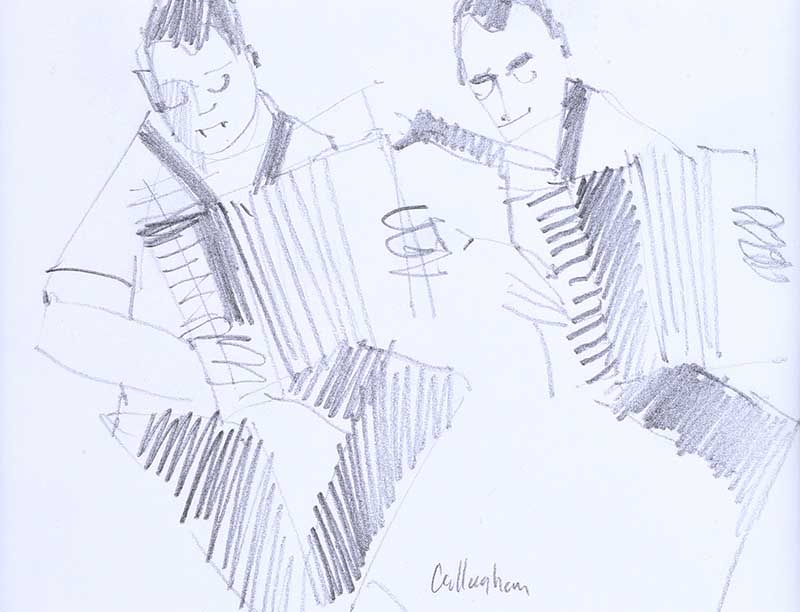 George Callaghan - THE ACCORDIAN PLAYERS - Pencil on Paper - 6 x 7 inches - Signed