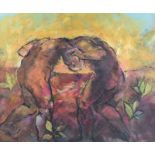 Clarice Rollinson - TWO MEN WRESTLING - Oil on Board - 36 x 45 inches - Unsigned