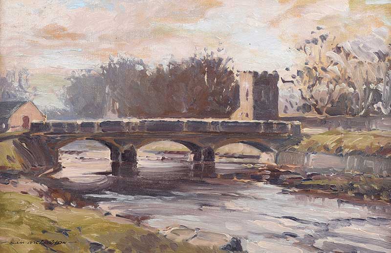 Samuel McLarnon UWS - BRIDGE AT CUSHENDUN, COUNTY ANTRIM - Oil on Board - 14 x 20 inches - Signed