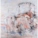 Con Campbell - BIG RED TRACTOR - Oil on Canvas - 39 x 39 inches - Signed