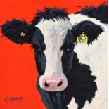 Ronald Keefer - COW ON RED - Oil on Board - 24 x 24 inches - Signed