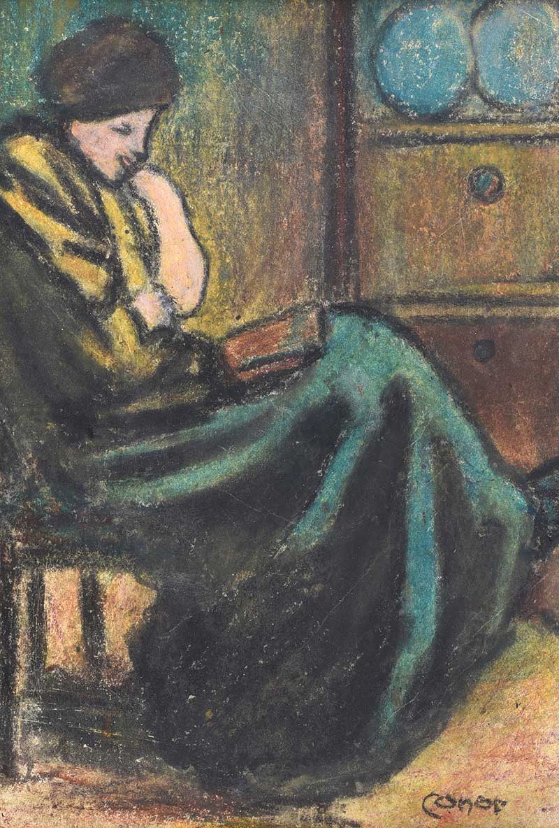 William Conor RHA RUA - A QUIET READ - Wax Crayon on Paper - 11 x 8 inches - Signed