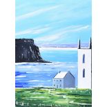 Sean Lorinyenko - OLD HOUSE & CHURCH, ANTRIM COAST - Acrylic on Board - 19 x 19 inches - Signed