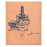 William Conor RHA RUA - BELFAST TUG BOAT - Pen & Ink Drawing on Paper - 6 x 4.5 inches - Signed