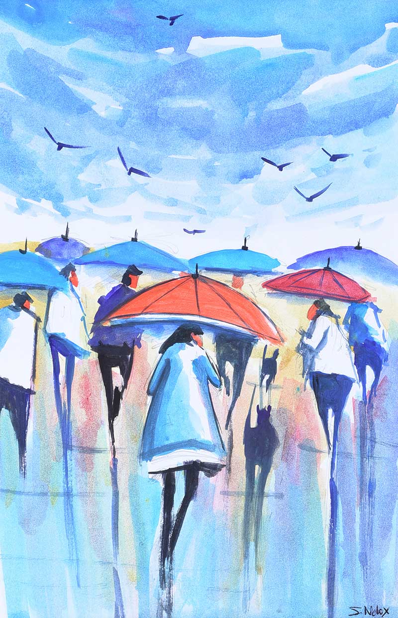 James Ndox - UMBRELLA DAY - Watercolour Drawing - 10 x 6 inches - Signed