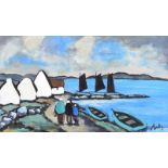 Markey Robinson - VILLAGE ON THE COAST, WEST OF IRELAND - Gouache on Board - 14 x 24 inches -