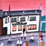 John Ormsby - LADS NIGHT OUT AT THE PLOUGH - Oil on Board - 12 x 12 inches - Signed