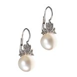 18CT WHITE GOLD CULTURED PEARL AND DIAMOND EARRINGS