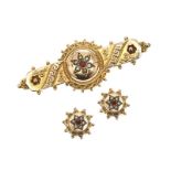 VICTORIAN 9CT GOLD PEARL AND RUBY SET BROOCH AND EARRING SUITE