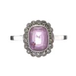 18CT WHITE GOLD PINK GEMSTONE AND DIAMOND RING