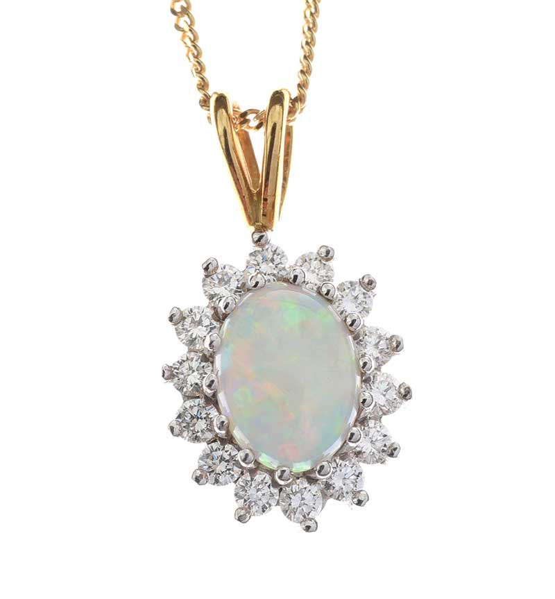18CT GOLD OPAL AND DIAMOND CLUSTER NECKLACE