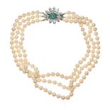 VINTAGE TRIPLE STRAND OF FAUX PEARLS WITH SUNFLOWER CLASP
