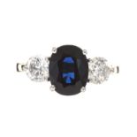 18CT GOLD SAPPHIRE AND DIAMOND THREE STONE RING