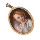 HAND PAINTED PORCELAIN MINIATURE PENDANT IN GOLD MOUNTED FRAME